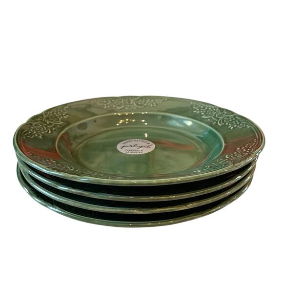 Villa Stoneware Portugal Green Ceramic Bowls 9.5" Floral Border Set of 4 NEW - Picture 5 of 14